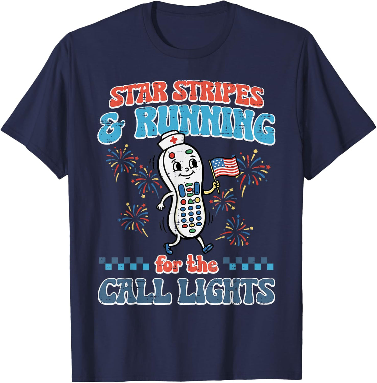 Star Stripes Running Call Lights 4th of July Nurse Top Women T-Shirt - Navy Blue