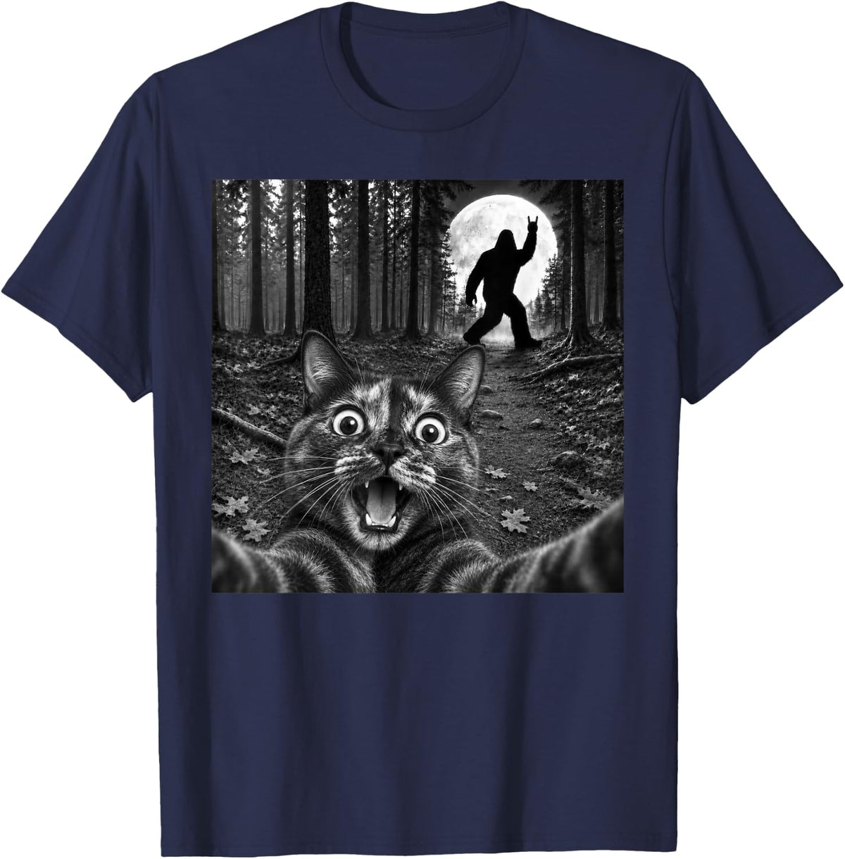 Tortoiseshell Cat Selfie Bigfoot Rock and Roll Sasquatch T-Shirt - Navy Blue
