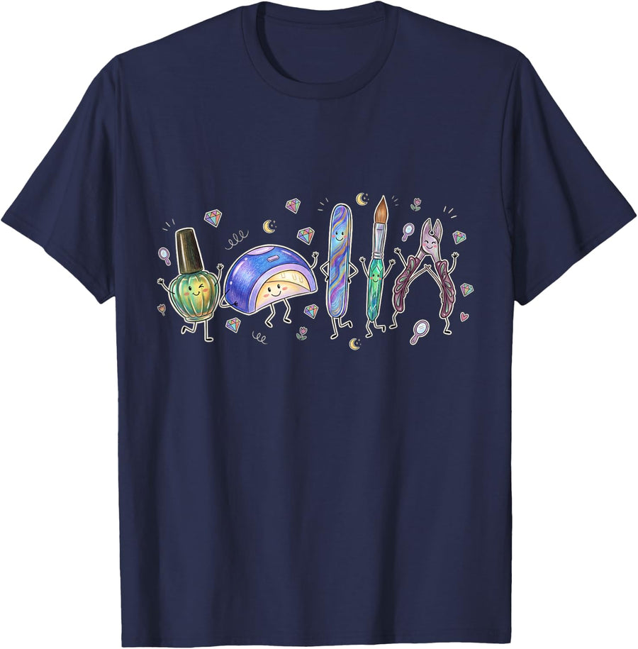 Cute Nail Tech Life Squad Nail Artist Salon Tools Doodles T-Shirt - Navy Blue