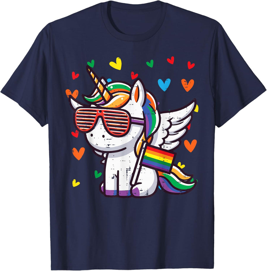 Gay Pride Unicorn Sunglasses LGBTQ Ally Rainbow Women Girls T-Shirt - Navy Blue