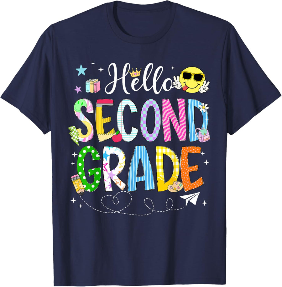 Hello 2nd Grade Funny First Day of School Boy Girl Teacher T-Shirt - Navy Blue