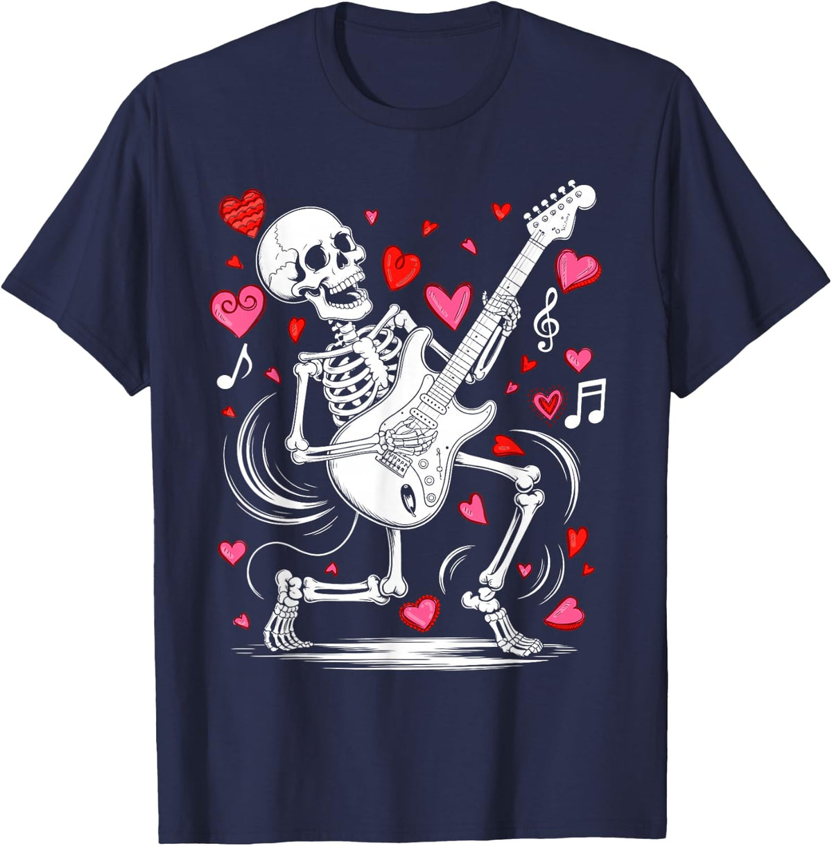 Funny Valentine Skeleton Playing Guitar Rock and Roll T-Shirt - Navy Blue
