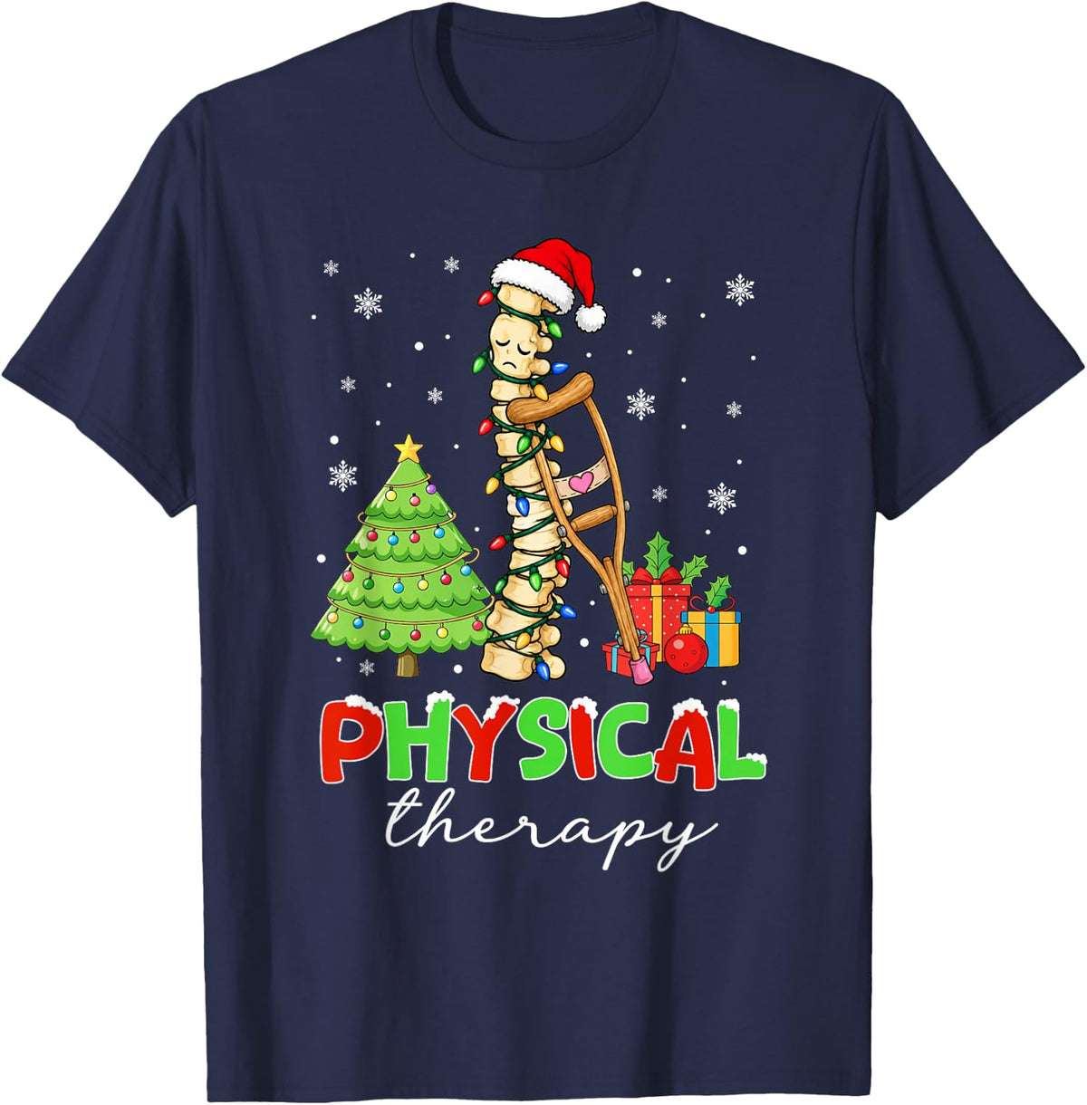 Christmas Physical Therapy Santa Hat Spine Xmas PT Therapist T-Shirt - Navy Blue
