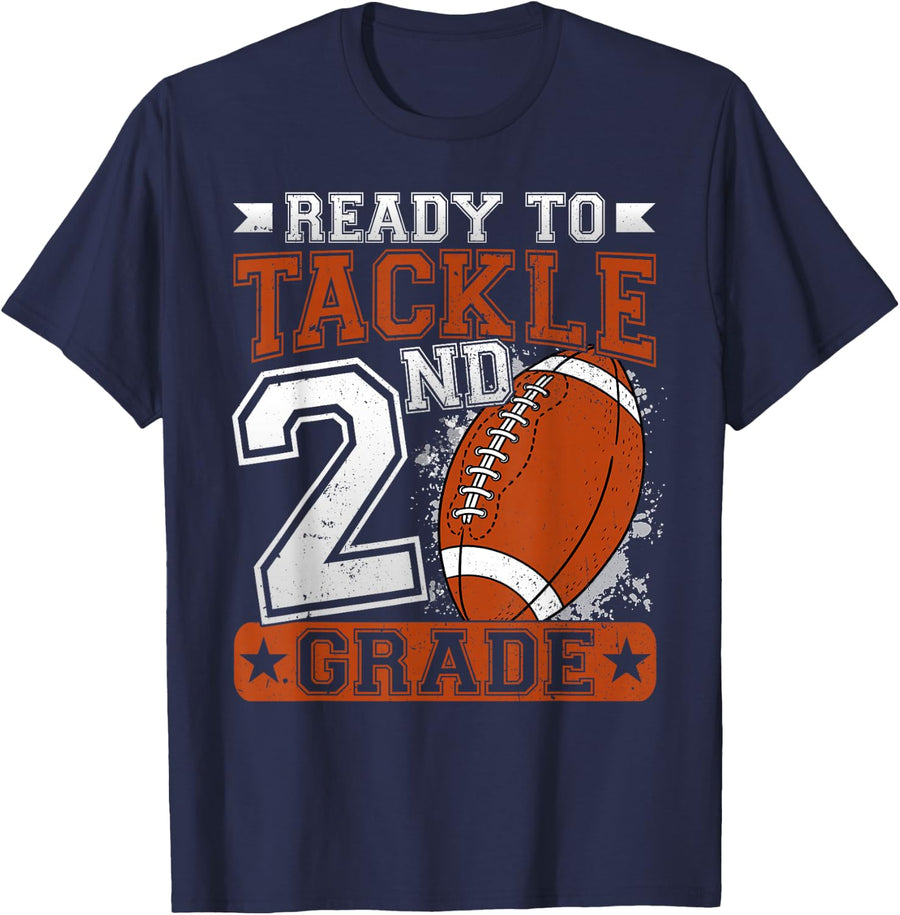 Ready To Tackle 2nd Grade Football First Day Boys Toddlers T-Shirt - Navy Blue