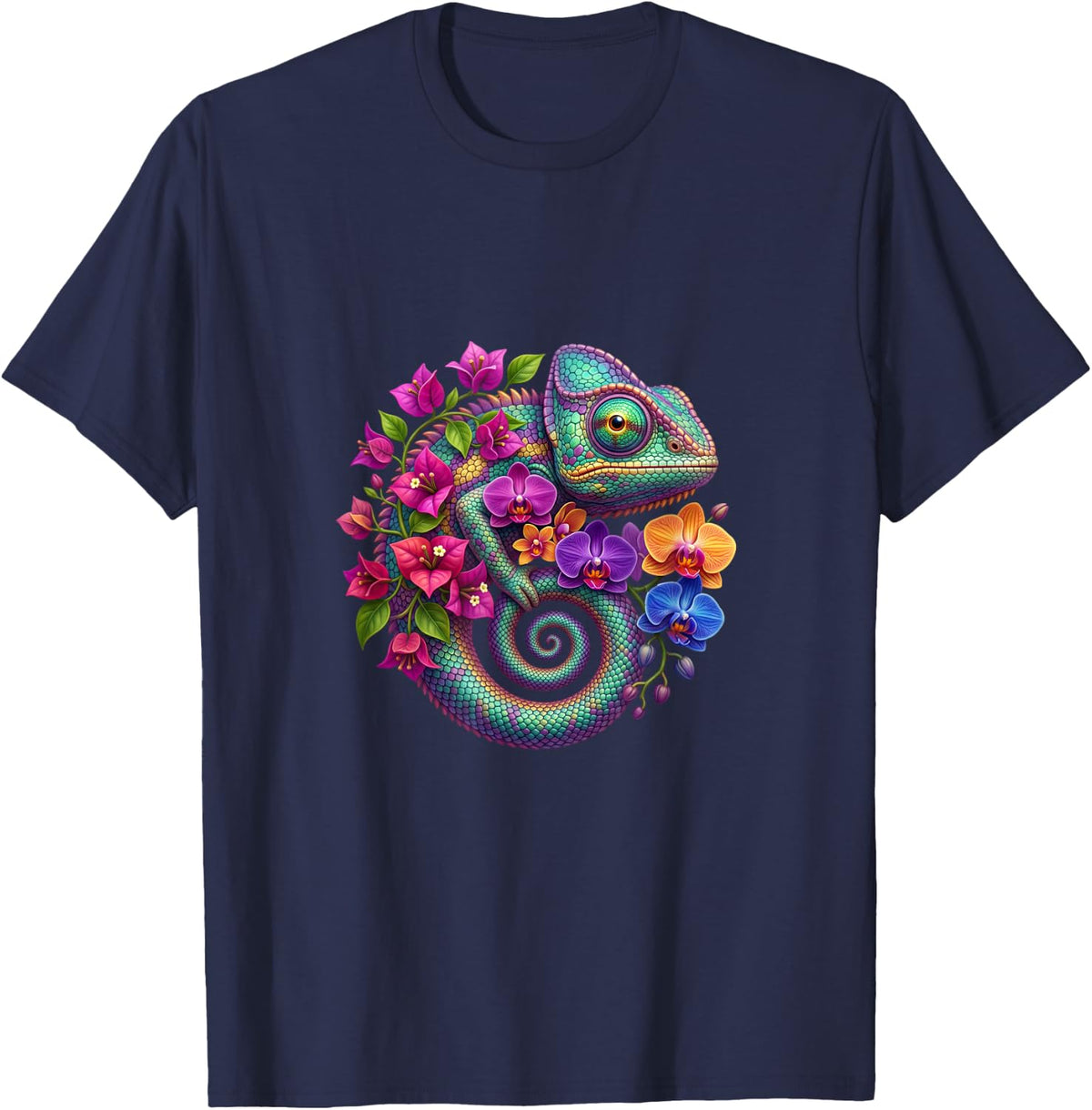 Chameleon with Elegant Orchids T-Shirt - Navy Blue