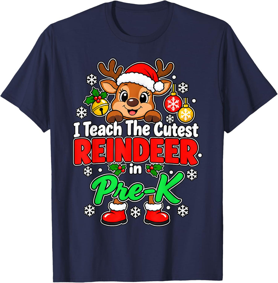 I Teach The Cutest Reindeer in Pre-K Christmas Teacher T-Shirt - Navy Blue