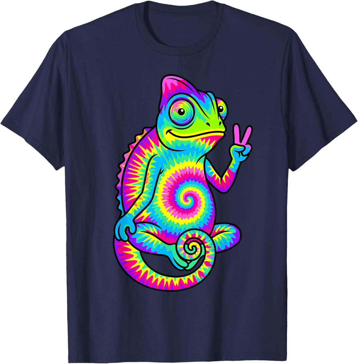Tie Dye Peace Chameleon Funny Colorful Lizard Reptile T-Shirt - Navy Blue