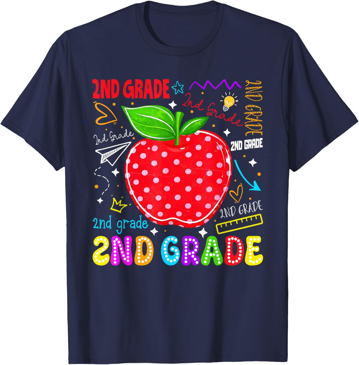 Second Grade Apple Typography Back to School Student Teacher T-Shirt - Navy Blue