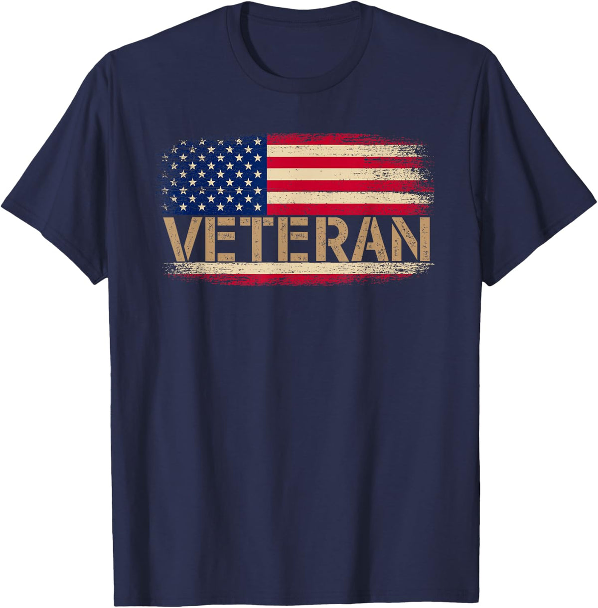 Vintage American Flag Veteran Patriotic USA Military Pride T-Shirt - Navy Blue