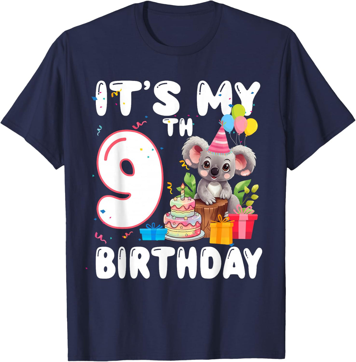 9 Year Old Koala Lover Themed It's My 9th Birthday T-Shirt - Navy Blue