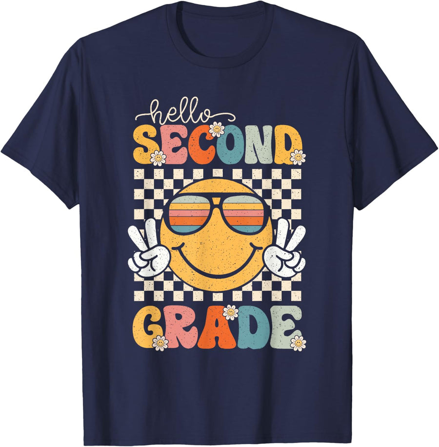 Hello Second Grade Retro 1st Day of School 2nd Grade Team T-Shirt - Navy Blue