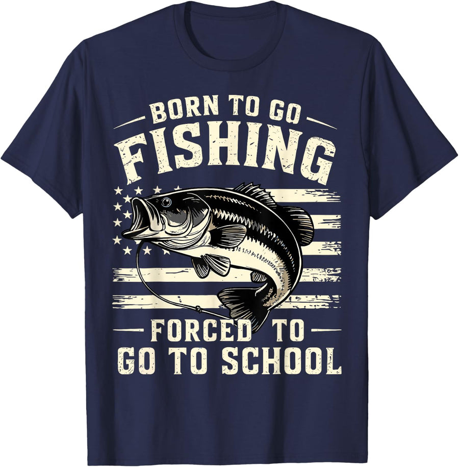 Born to Go Fishing Bass Fish T-Shirt - Navy Blue