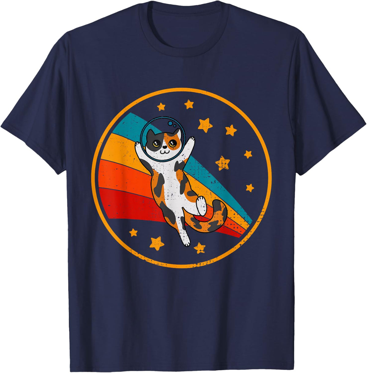 Cute Vintage Calico Cat Retro Space Cat T-Shirt - Navy Blue
