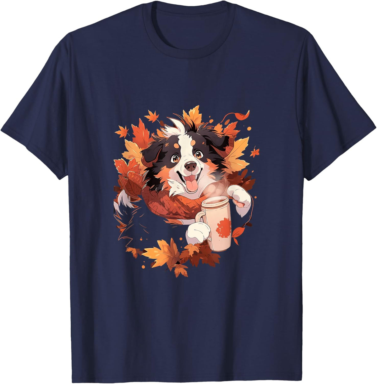 Border Collie Autumn Leaves Pumpkin Spice Latte Kawaii T-Shirt - Navy Blue