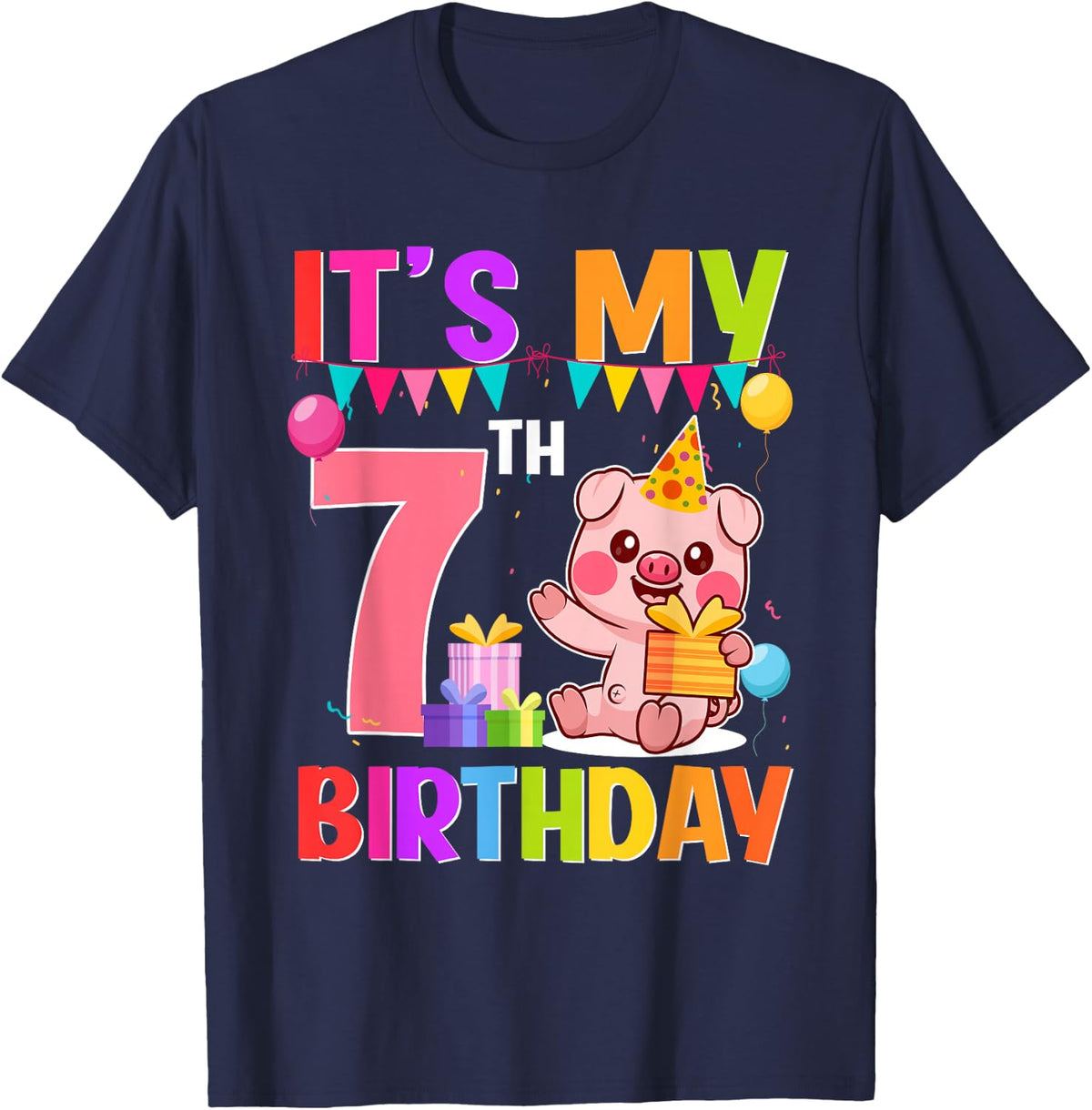 7 Years Old Birthday Pig Theme Party It's My 7th Birthday T-Shirt - Navy Blue