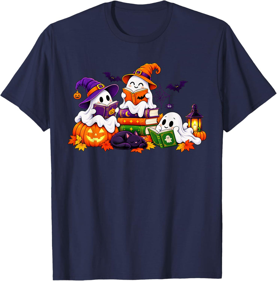 Halloween Ghost Spooky Reading Books Lovers for Women Girls T-Shirt - Navy Blue