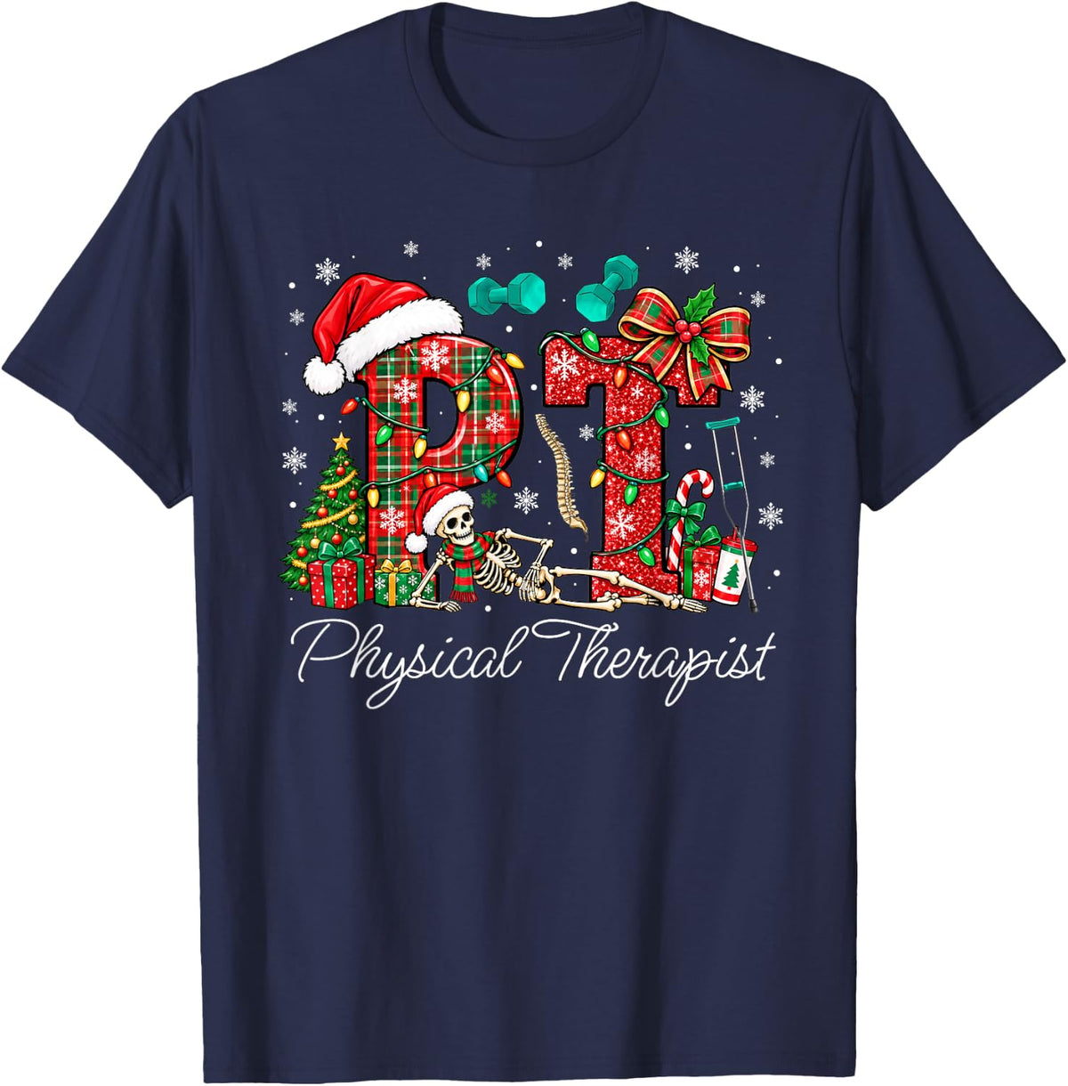 PT Physical Therapist Christmas Holiday Season Therapy T-Shirt - Navy Blue