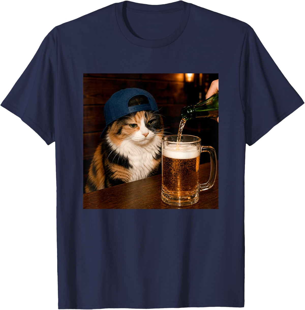 Funny Calico Cat Drinking Beer Shirt Meme Tee T-Shirt for Cat Lovers - Navy Blue
