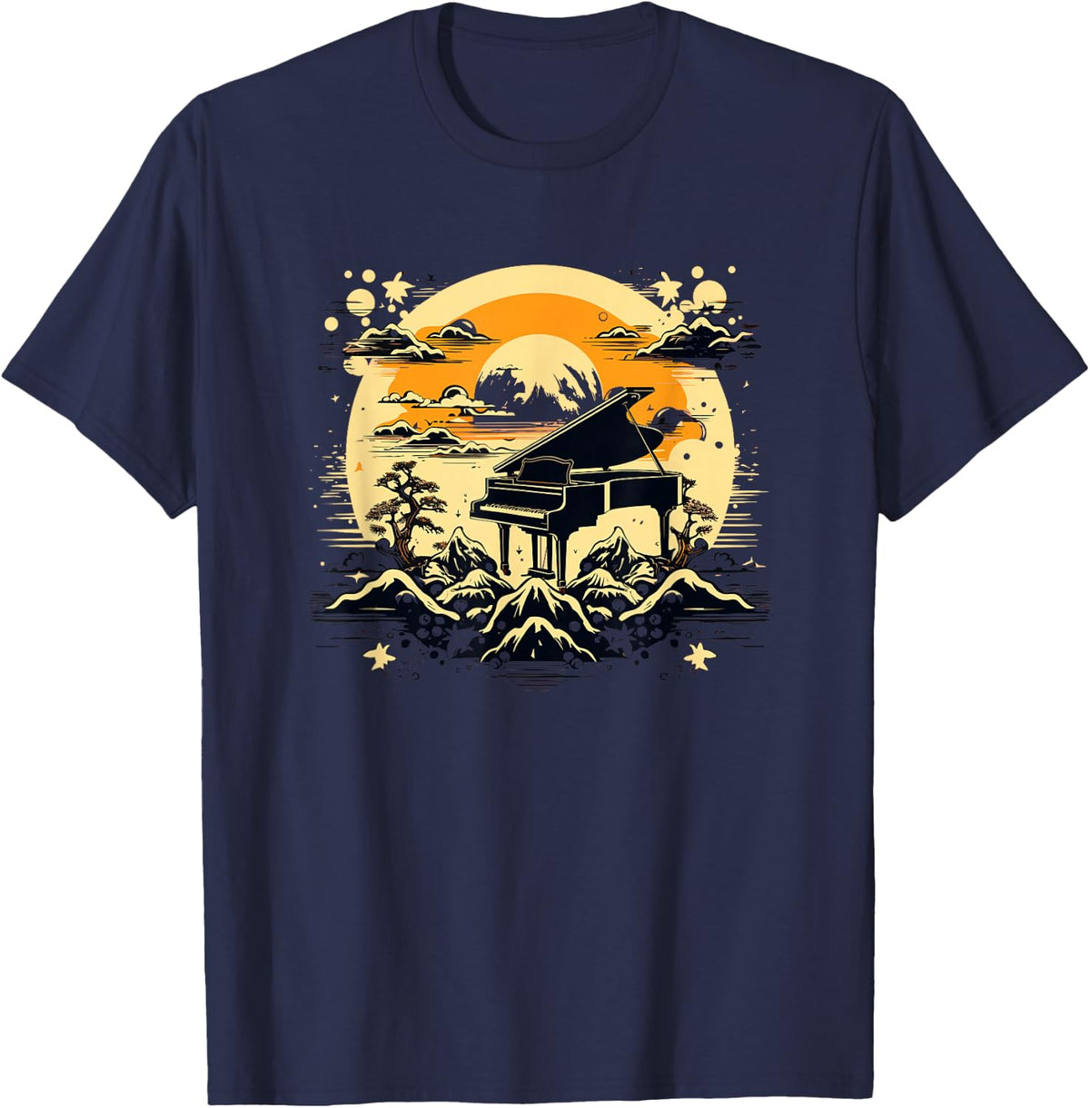 Grand Piano Japanese Nature Sunset Aesthetic Musician T-Shirt - Navy Blue