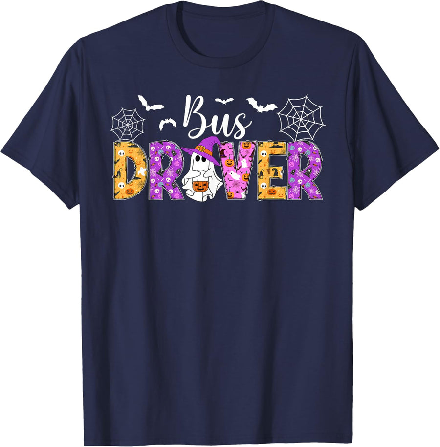 Spooky Bus Driver Halloween Bus Driving T-Shirt - Navy Blue