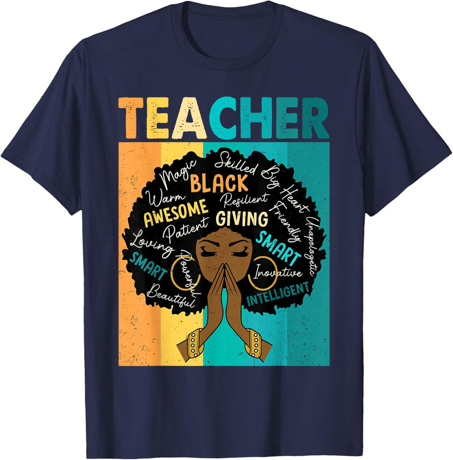 Black Teacher Magic T-Shirt Melanin Black History Month Tee Afro Hair Teacher Shirts - Navy Blue