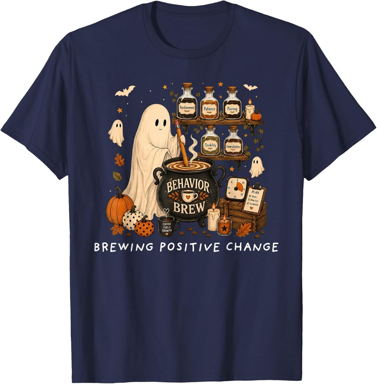 Brewing Positive Change Behavior Crew ABA Ghost Halloween T-Shirt - Navy Blue