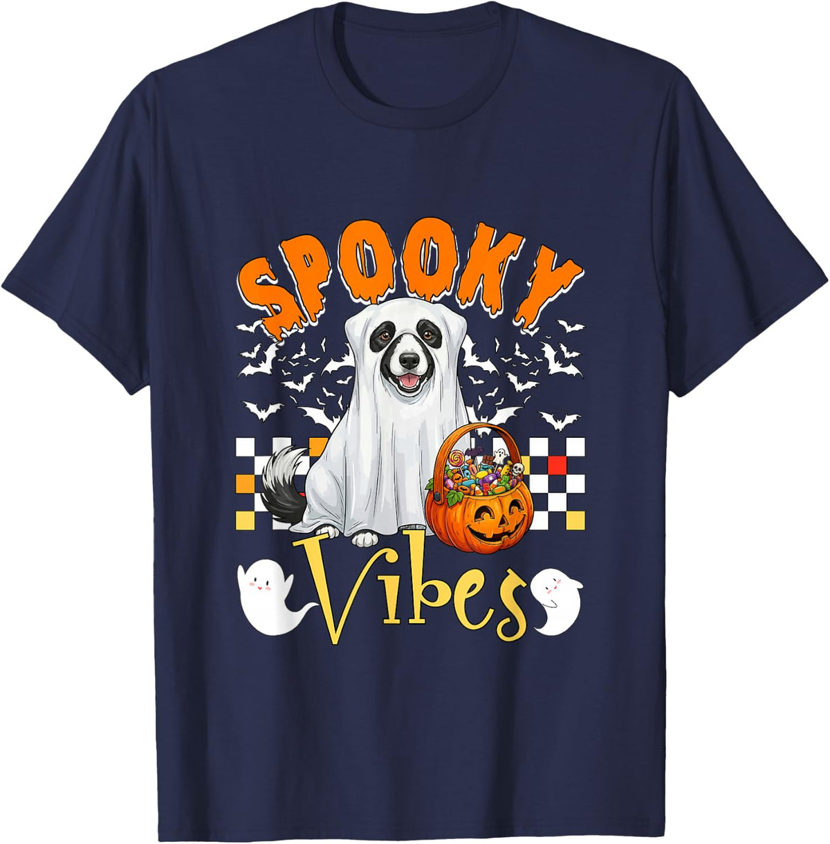 Spooky Funny Vibes Halloween Border Collie Cosplay Boo Ghost T-Shirt - Navy Blue
