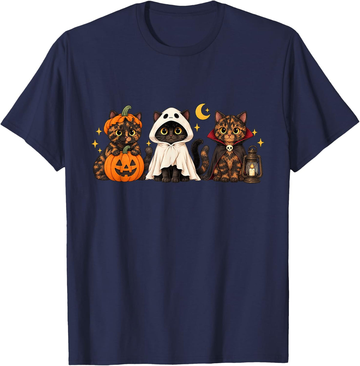 Spooky Halloween Cute Ghost Tortoiseshell Cat Lover T-Shirt - Navy Blue