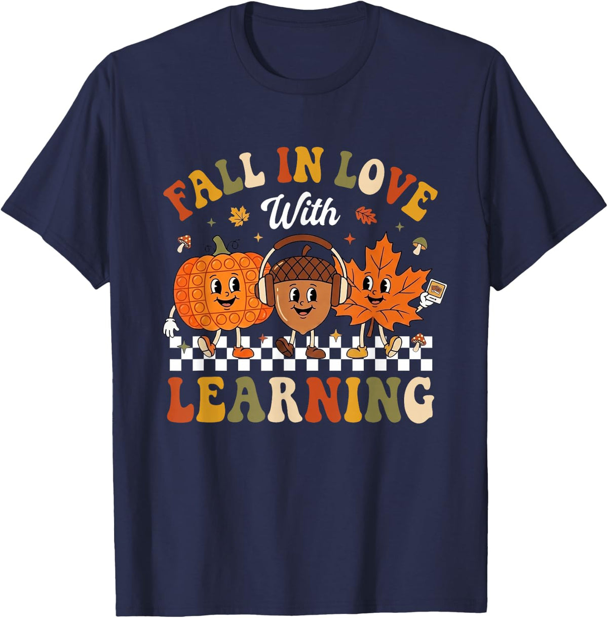 Retro Fall in Love with Learning Thanksgiving SPED Teacher T-Shirt - Navy Blue