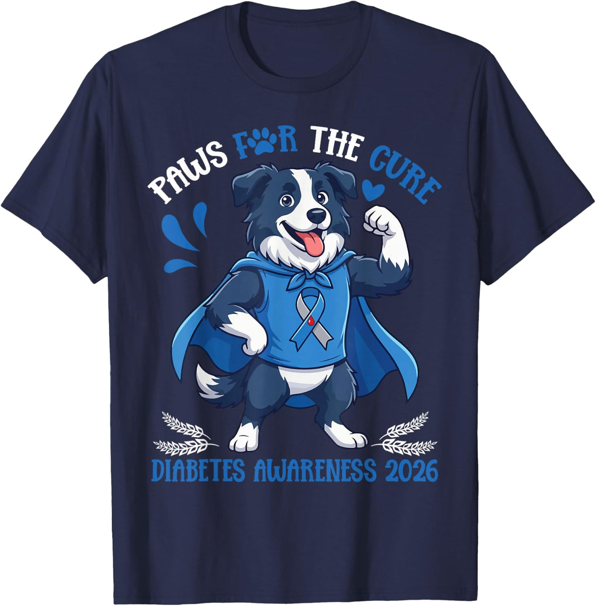 Border Collie Dog Paws for The Cure Diabetes Awareness 2026 T-Shirt - Navy Blue