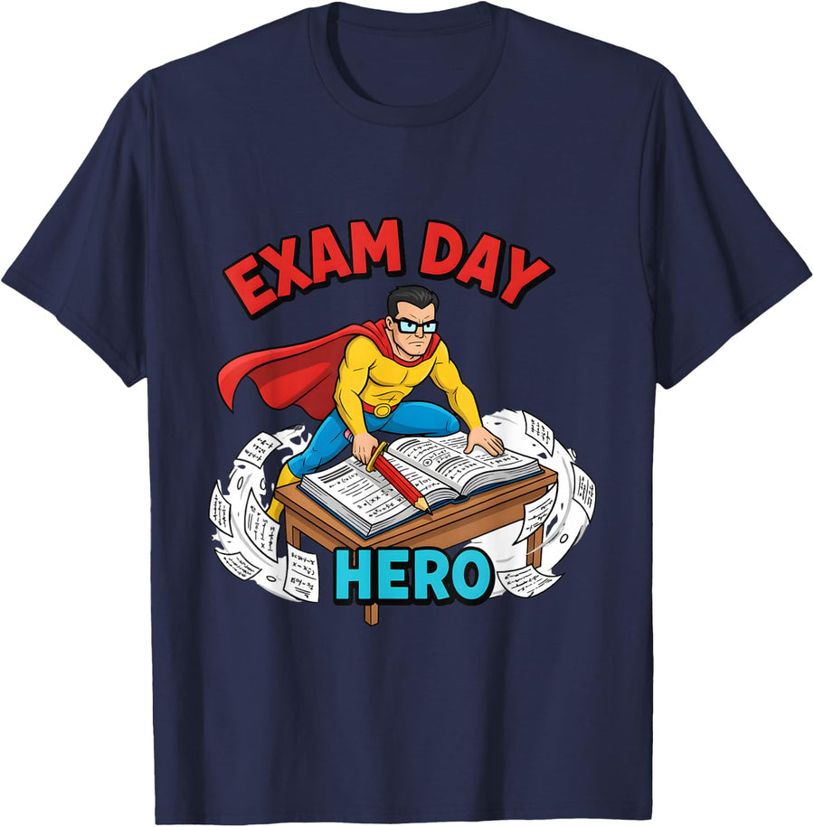 Exam Day Superhero Student Funny Test Week T-Shirt - Navy Blue
