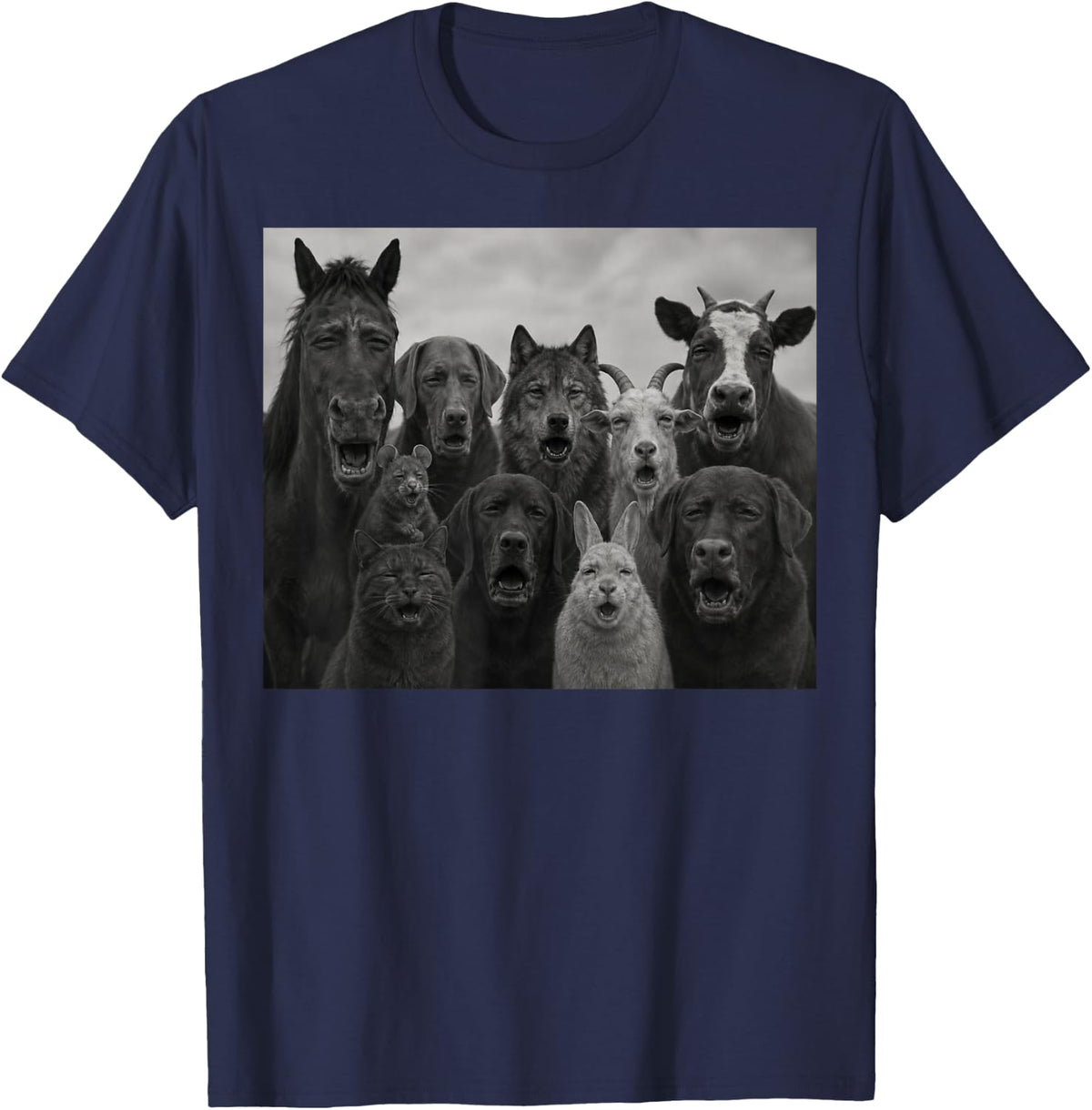Funny Yawning Animals Group Photo Sarcastic Sleepy Meme T-Shirt - Navy Blue