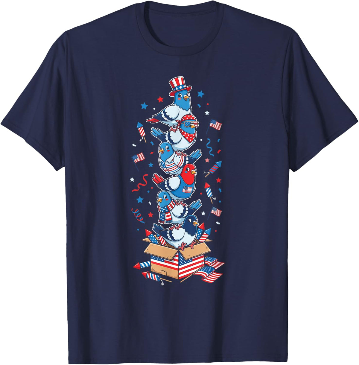 Funny Pigeon American USA Flag Memorial Day 4th of July T-Shirt - Navy Blue