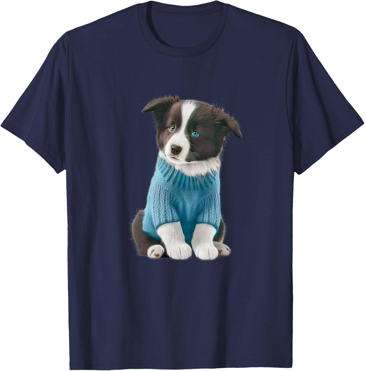 Cute Border Collie in A Blue Sweater T-Shirt - Navy Blue
