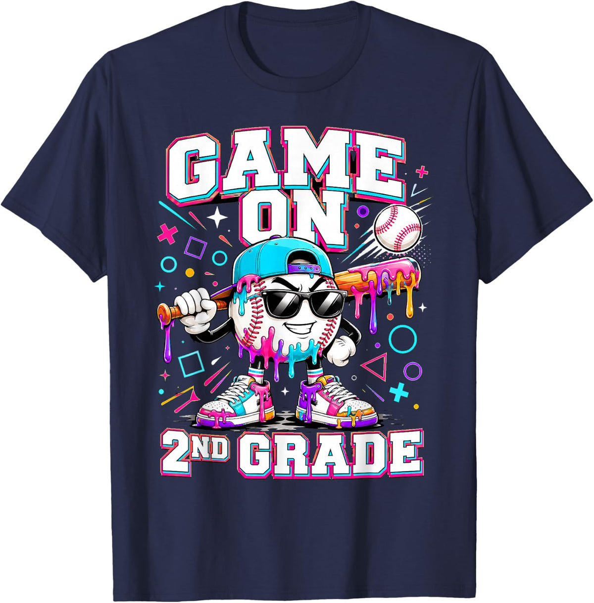 Game On 2nd Grade Back to School Baseball Drip Ice Cream T-Shirt - Navy Blue