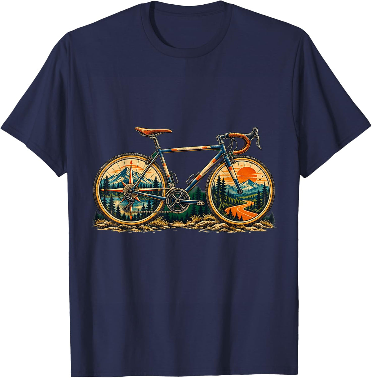 Vintage Bicycle Cycling Mountain Adventure Retro Design T-Shirt - Navy Blue