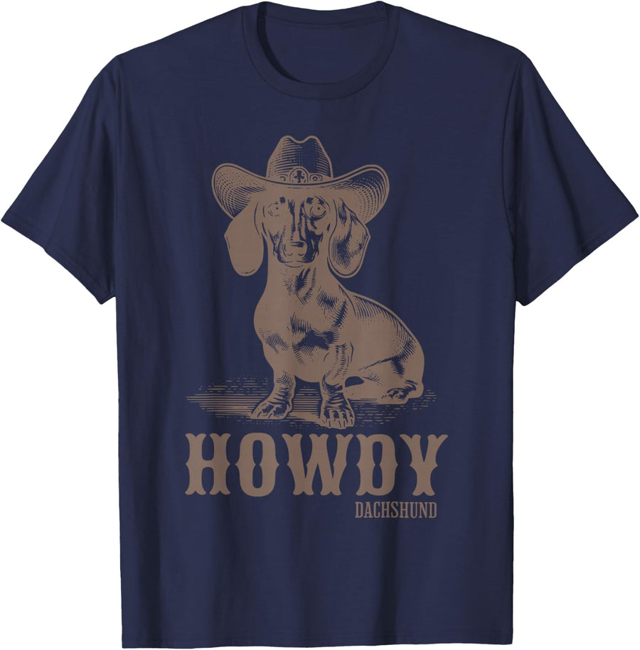 Vintage Rodeo Cowboy Hat Dachshund Howdy Western Doxie Mama T-Shirt - Navy Blue