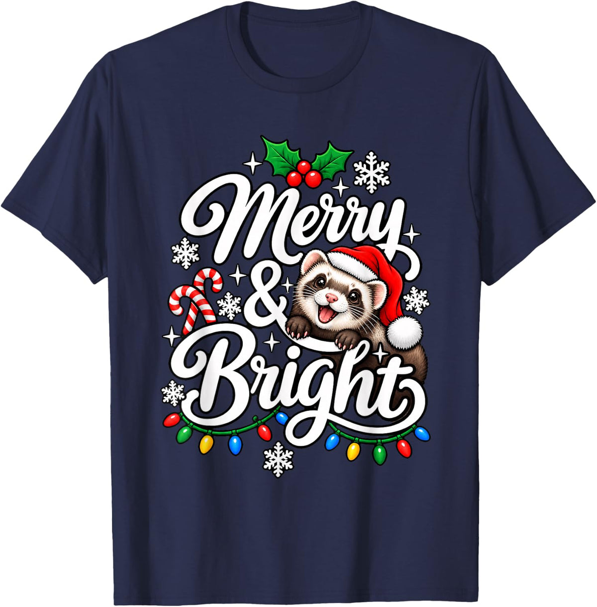 Ferret Merry Bright Christmas Zoo Xmas Santa Hat T-Shirt - Navy Blue