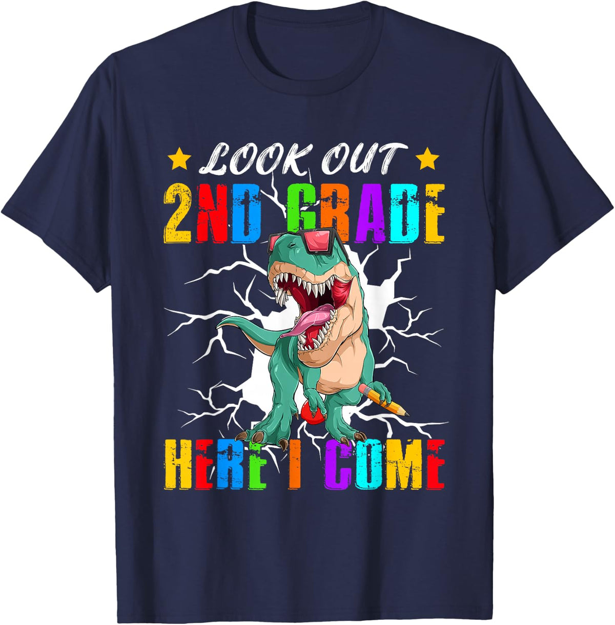 Look Out 2nd Grade Here I Come Second Grade Dinosaur T Rex T-Shirt - Navy Blue