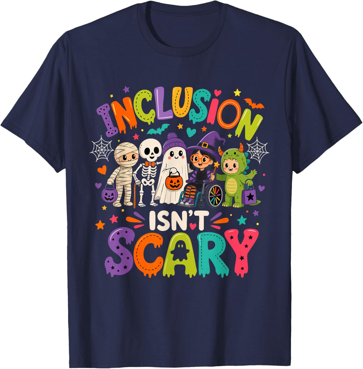 Inclusion Isn't Scary SLP SPED Teacher Halloween Ghost T-Shirt - Navy Blue
