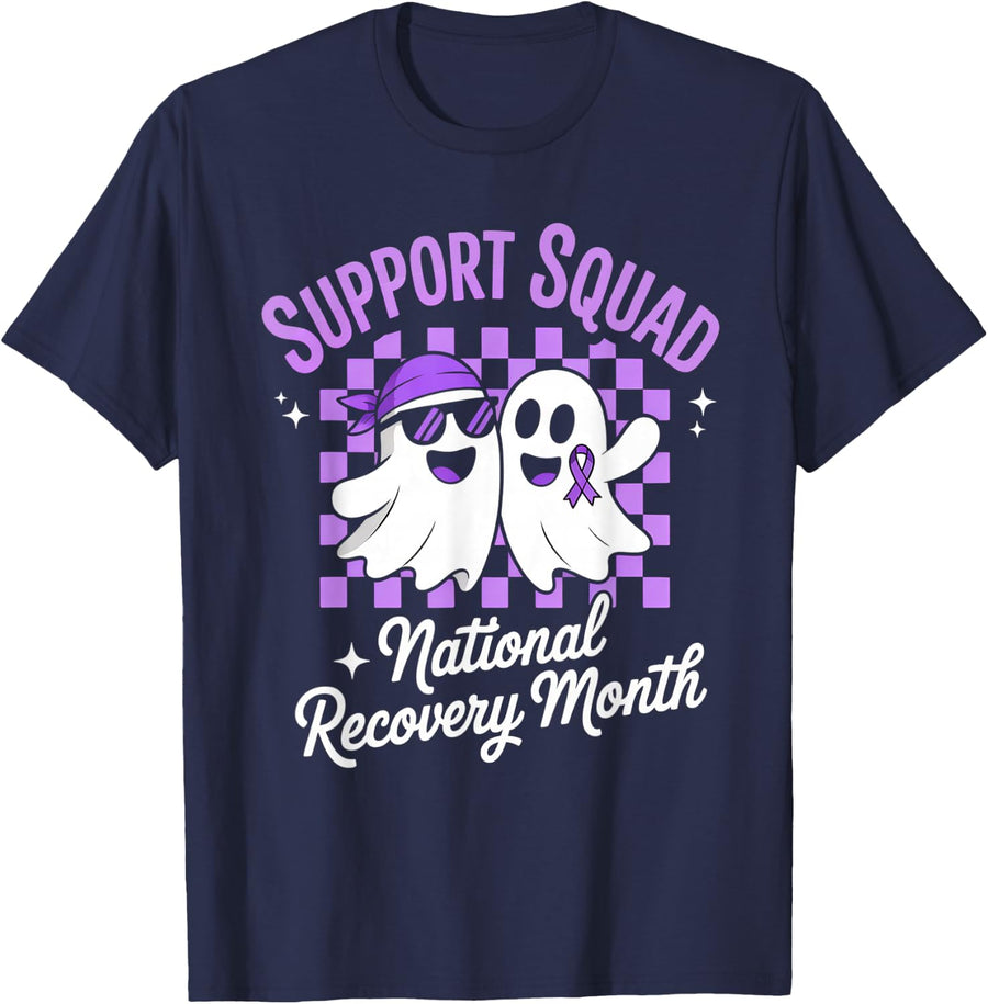 Support Squad National Recovery Month T-Shirt Addiction Recovery Awareness Tee Purple Ribbon - Navy Blue
