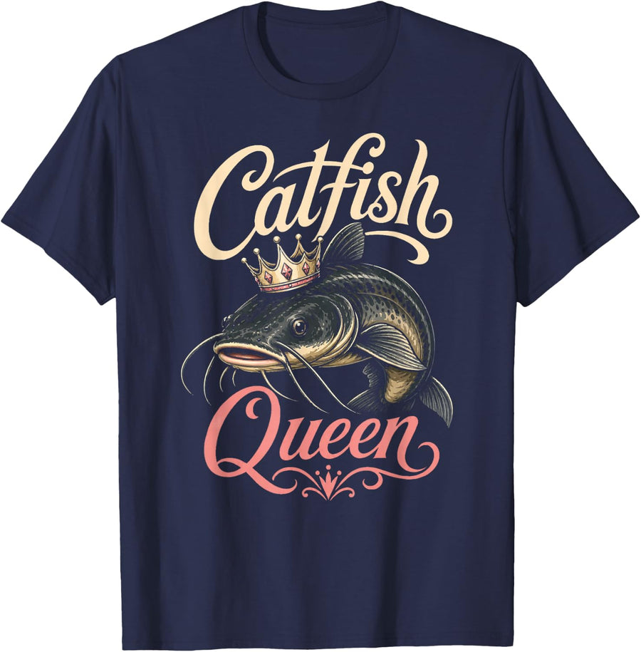 Catfish Queen Fishing Vintage Angler Gift for Her T-Shirt - Navy Blue