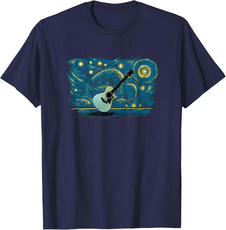 Retro Vintage Style Acoustic Guitar T-Shirt - Navy Blue
