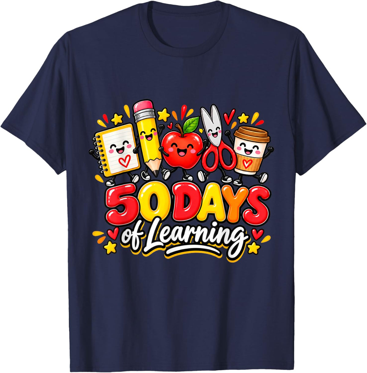 50 Days of Learning Cute School Supplies Teacher Classroom T-Shirt - Navy Blue