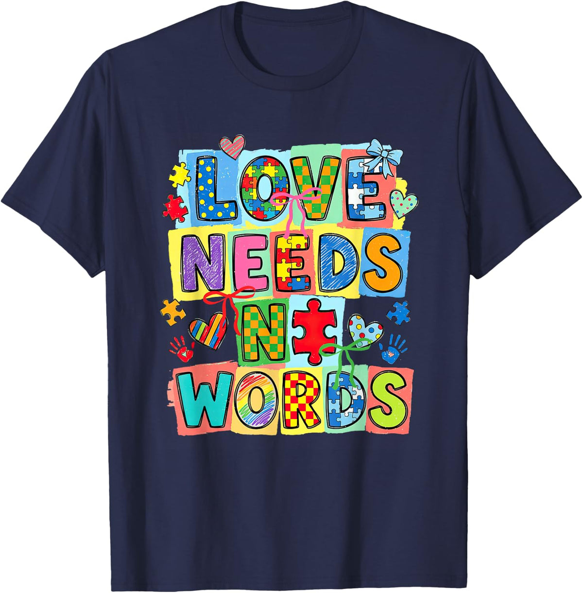 Love Needs No Words Coquette Bow Puzzle Autism Awareness T-Shirt - Navy Blue