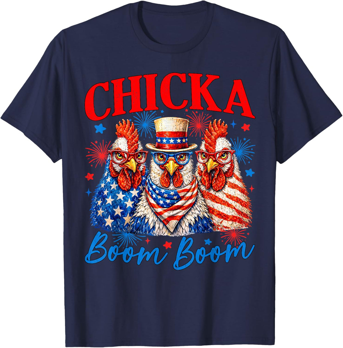Chicka Boom Boom 4th of July Patriotic Chicken Independence T-Shirt - Navy Blue