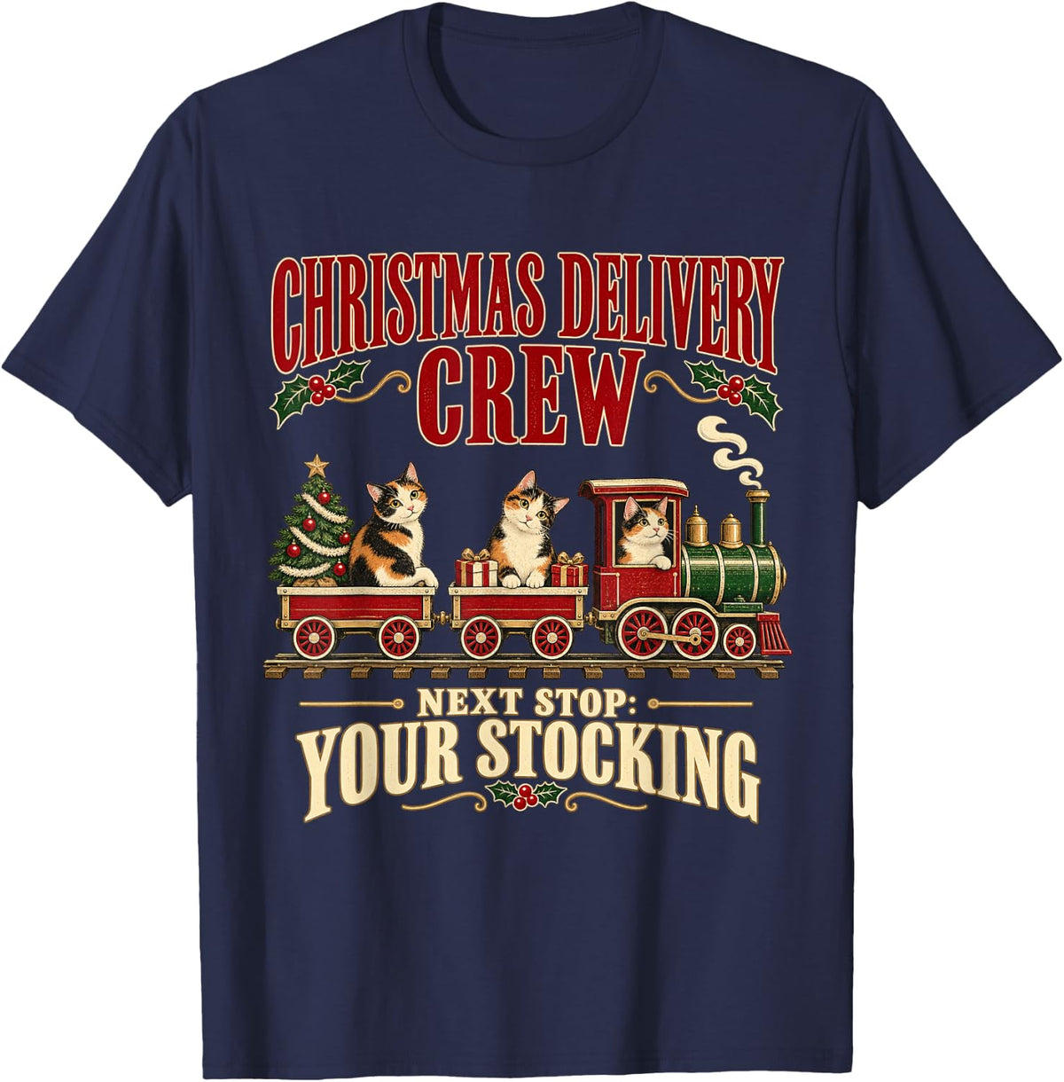 Calico Cat Vintage Christmas Steam Train T-Shirt - Navy Blue