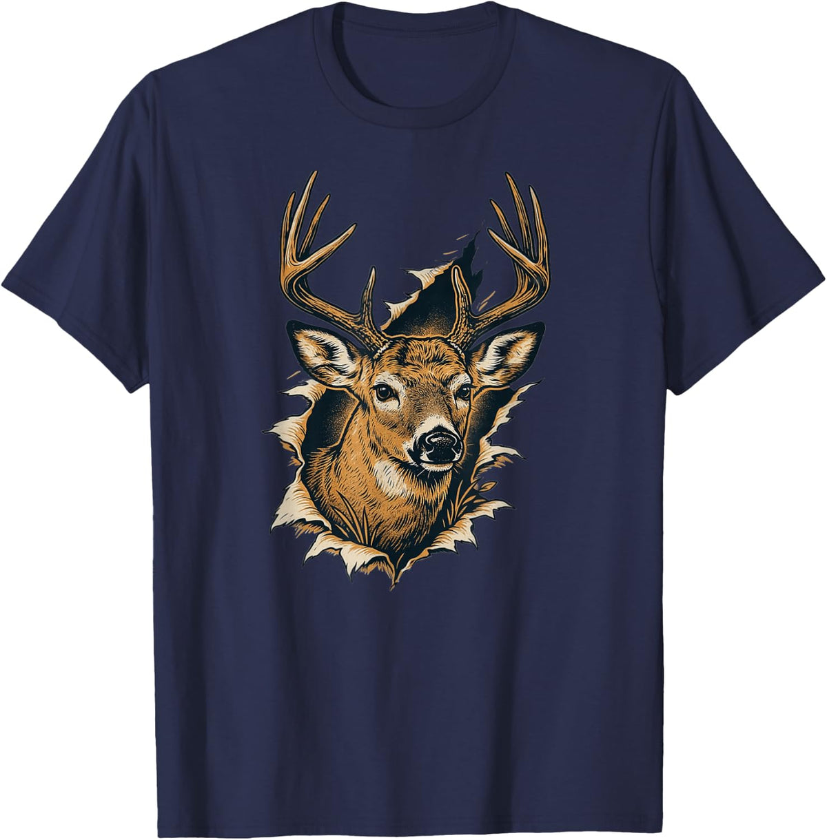 Whitetail Deer Buck Head Ripped Breakthrough Design T-Shirt - Navy Blue