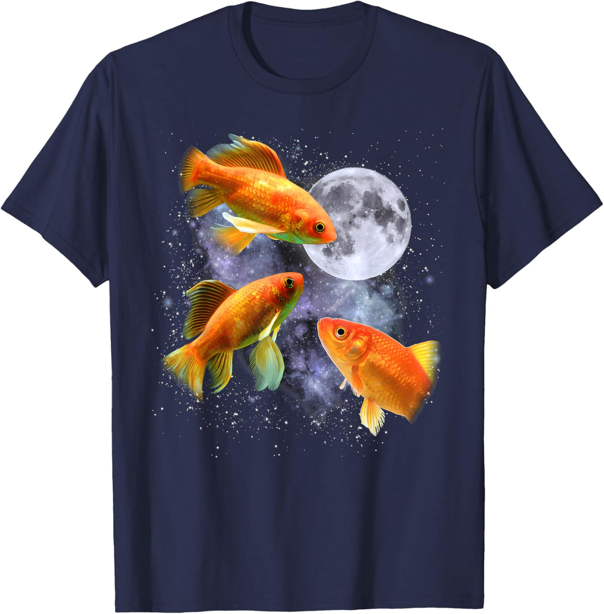 Three Goldfish Moon Retro Graphic Funny Weird Cursed T-Shirt - Navy Blue