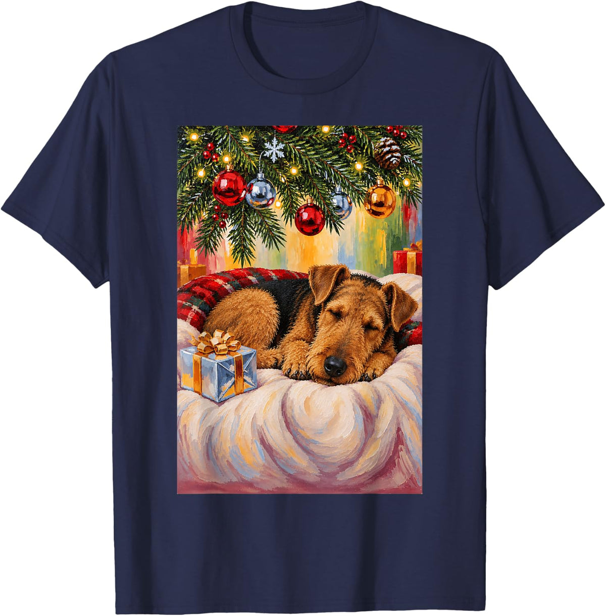 Funny Airedale Terrier Dog Sleeping Christmas Tree T-Shirt - Navy Blue
